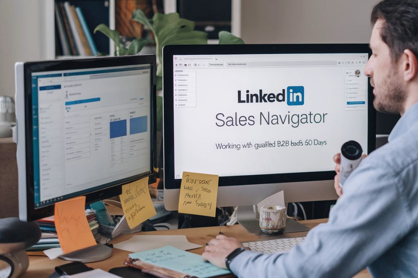 Szakember a LinkedIn Sales Navigator felületét böngészi két monitoron